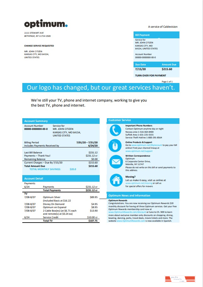 USA New York Optimum cablevision bill template in Word and PDF format